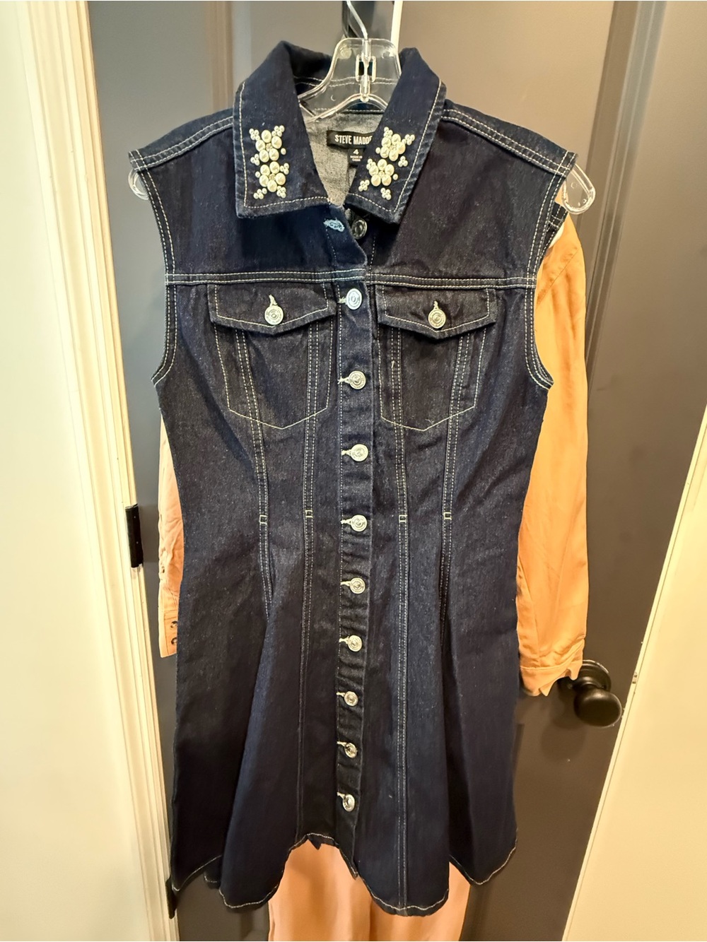 Steve Madden Dark Blue Denim Sleeveless Dress with Pearl Collar